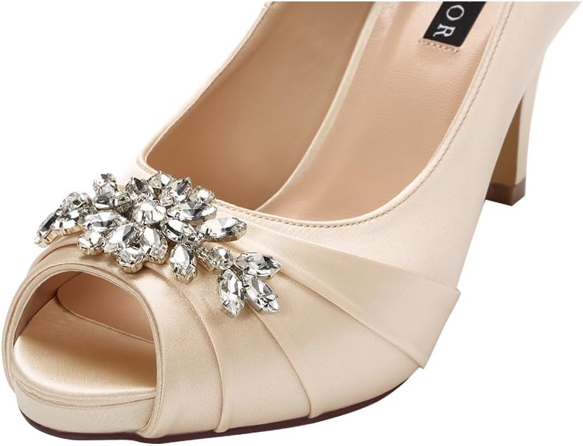 ERIJUNOR Peep Toe Mid Heels for Woman Rhinestones Satin Evening Prom Wedding Shoes - Image 6