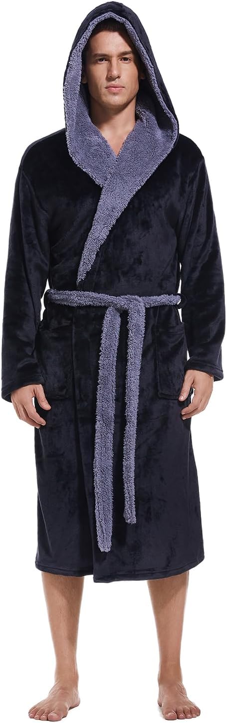 Lagtew Mens Hooded Robe,Plush Robes for Men,Soft Warm Fleece Bathrobe Shower Spa Long Robe With Pockets,BLACK+DARK GREY,L/XL