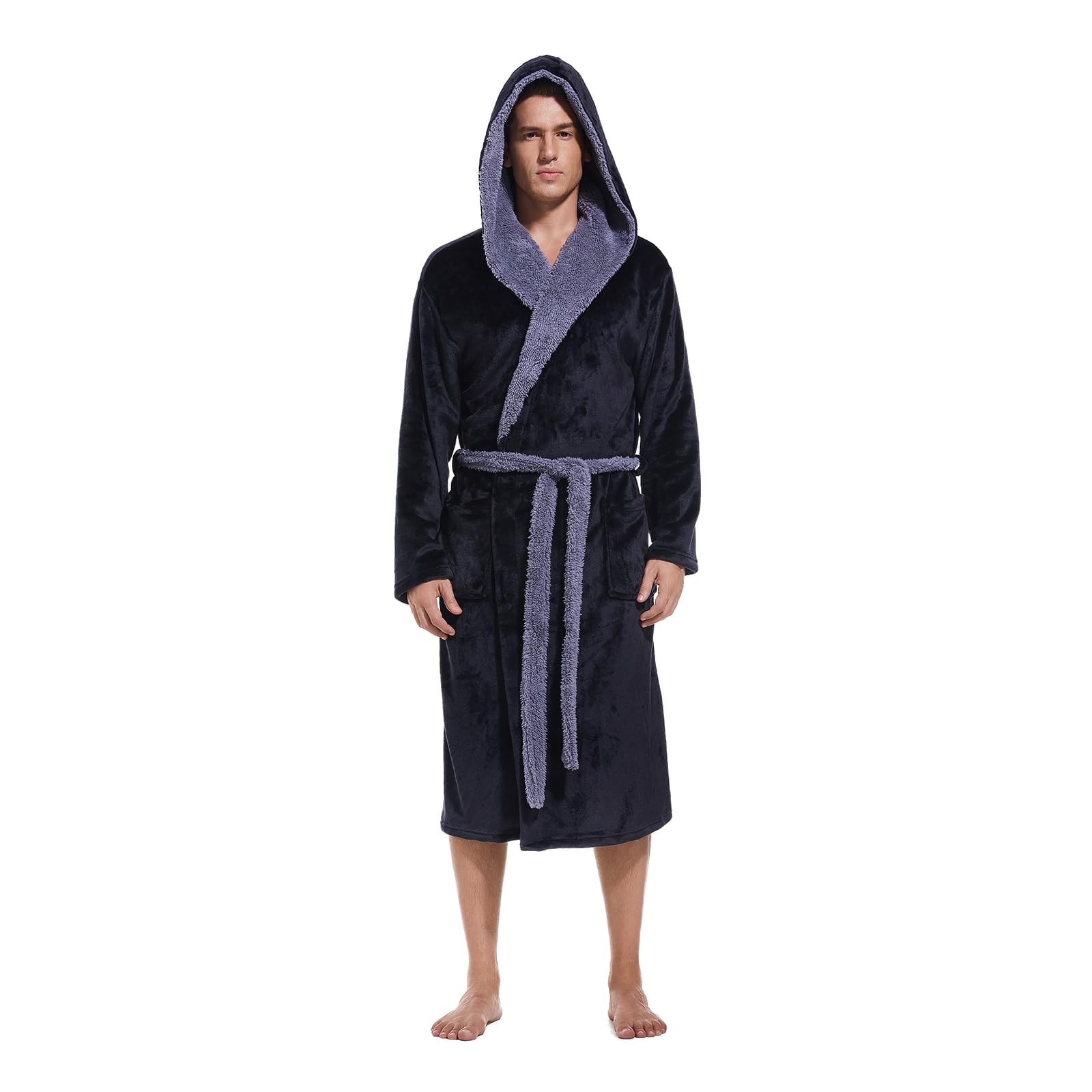 LagtewMens Hooded Robe,Plush Robes for Men,Soft Warm Fleece Bathrobe Shower Spa Long Robe With PocketsOEKO-TEX STANDARD 100