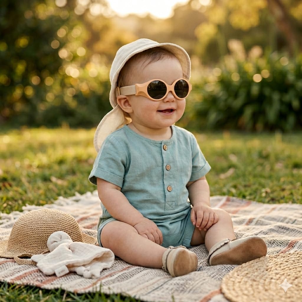 BÉABA, Gafas de sol con banda para bebé 0-9 meses, protección UV 100% – CAT 4, protección lateral, confort óptimo, banda elástica ajustable, Ocre