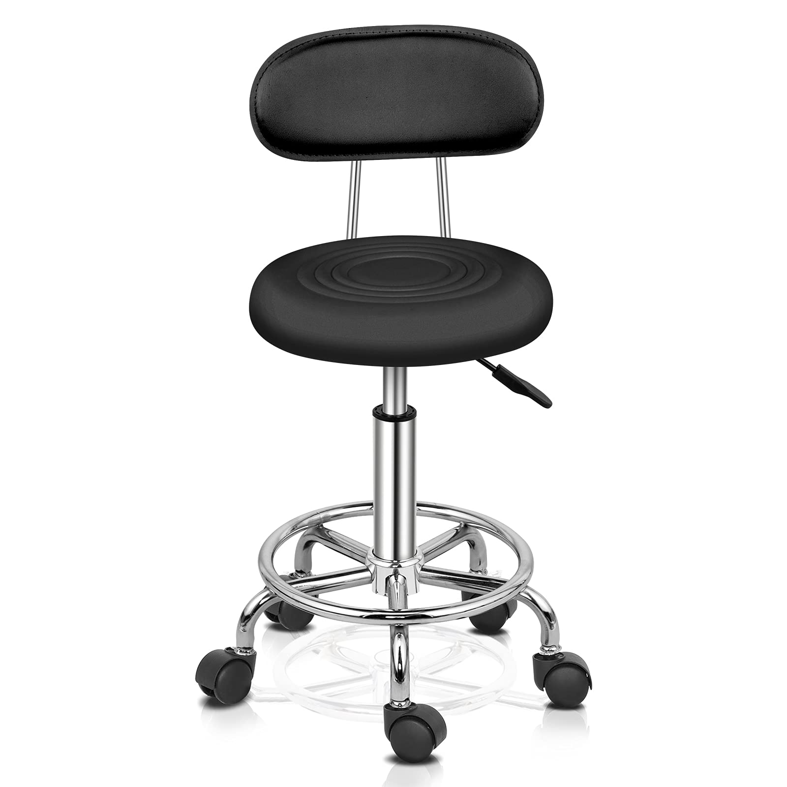 Bonnlo Tabouret roulettes Professionnel avec Dossier, Tabouret de Bureau Rotation à 360° et Hauteur Réglable, Revêtement en PU, pour Salon de Massage, Manucure et Bureau (Noir, Standard)