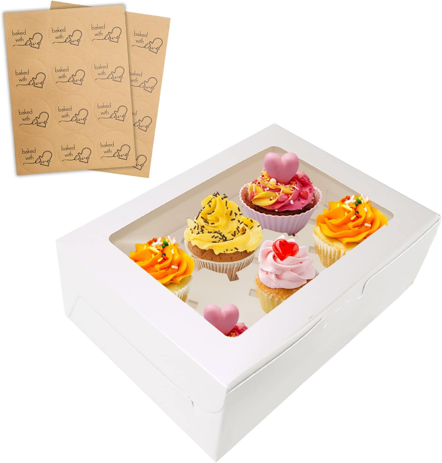 24 Packs White Cupcake Boxes 6 Holes with Window (6.3x9.45x3 Inches), Rectangle Cup Cake Boxes for Cupcakes Muffins Desserts, Suitable for Home Baking, Party, Wedding, Christmas, halloween, Cake Shop