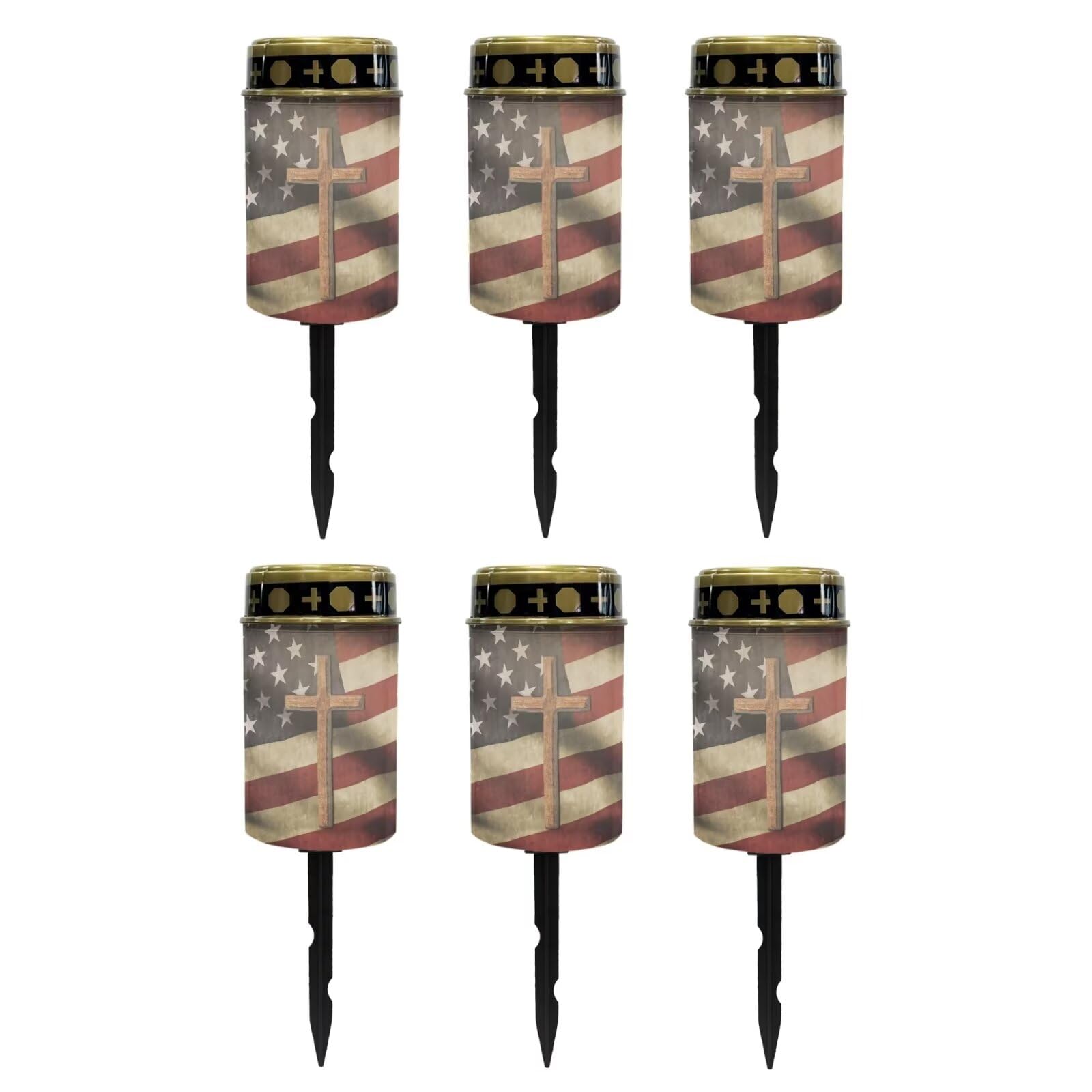 Poceacles Cross Solar Pathway Lights Outdoor Grave Solar Lights Outside Waterproof Cemetery Flameless Candles Outdoor Solar Candle Grave Markers Eternal Decor, Cross American Flag Vintage, Pack of 6