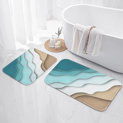 Miniatura 2 de Britimes Juego de 2 tapetes de baño de playa abstractos azules, diseño moderno, lavable, para decoración de baño, 16 x 24 y 20 x 32 pulgadas
