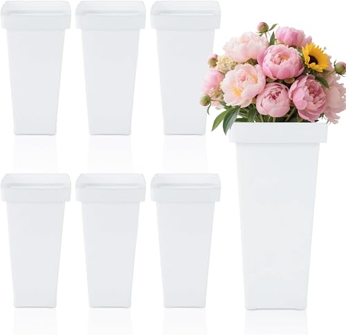 6 Pack White Flower Buckets for Cut Flowers, 13.4 inch Plastic Floral Buckets Flower Vases Modern Square Vase for Centerpieces, Home, Office, Wedding Decorations Display