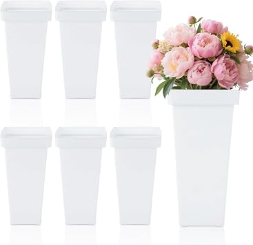 6 Pack White Flower Buckets for Cut Flowers, 13.4 inch Plastic Floral Buckets Flower Vases Modern Square Vase for Centerpieces, Home, Office, Wedding Decorations Display