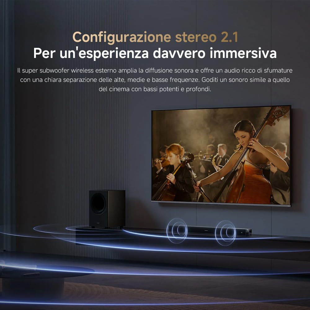 XIAOMI Soundbar Pro 2.1ch, Soundbar TV Max 300W con bassi potenti e subwoofer wireless esterno, supporta Dolby Audio™ e DTS Virtual:X, HDMI ARC/ottico/coassiale/Bluetooth, telecomando