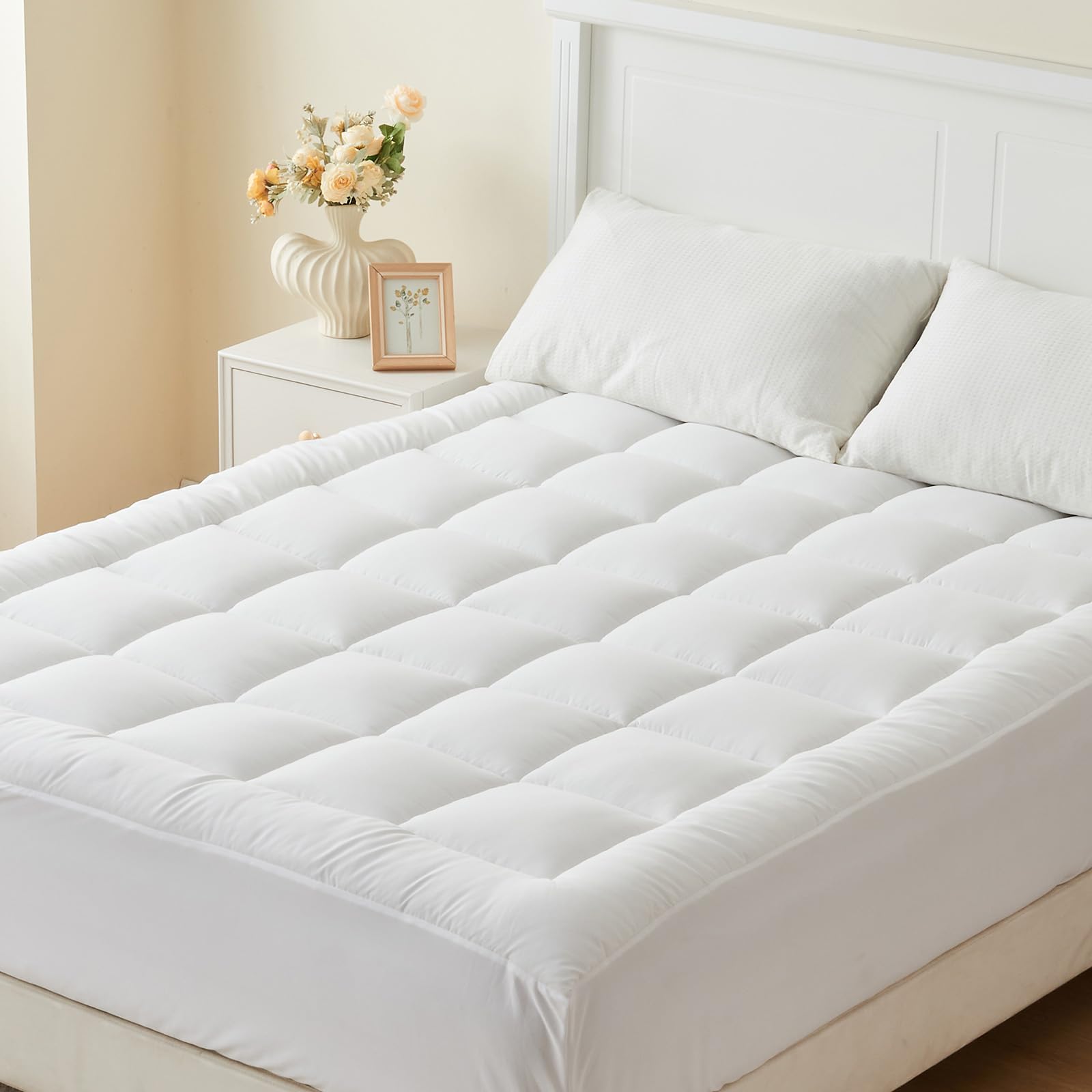 Mattress Pad Queen Size Topper, Breathable Pillow Top with 8-21" Deep Pocket, Quilted Fitted Mattress Protector, Soft, Washable, Full White