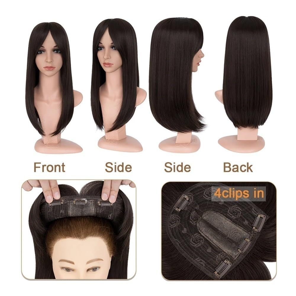 Toppers for capelli for donne con capelli diradati, posticci sintetici da 18'' con frangia(Dack Brown)