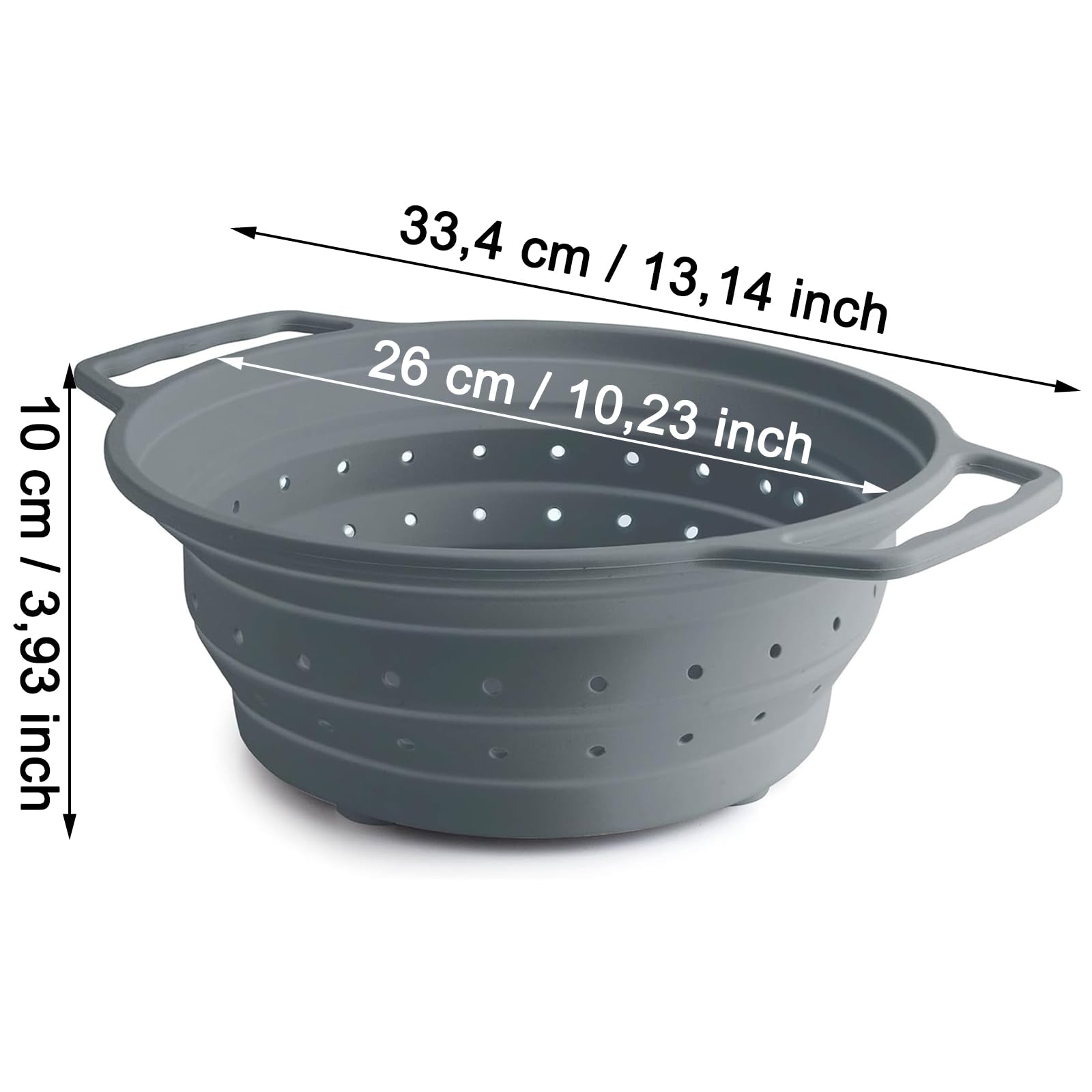 Scolapasta Silicone Pieghevole con Manico, Colino Setaccio da Cucina per Pasta, Verdura e Lavaggio, Cestino Drenante Collapsible, Setacci da Cucina per Pasta, Frutta, Verdura, 26 cm (Grigio)