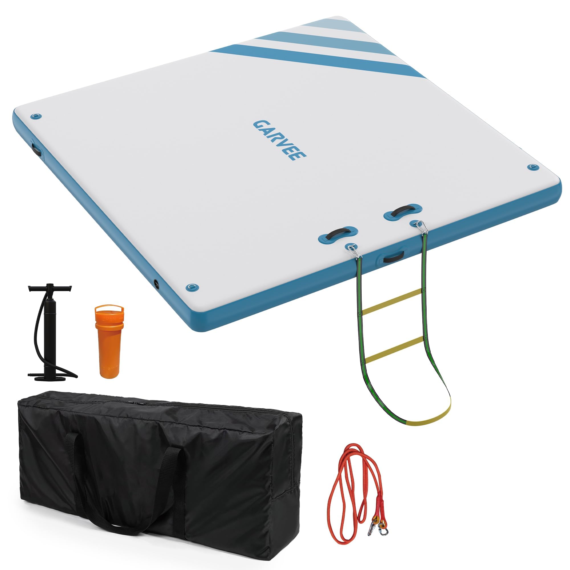GarveeLife Inflatable Floating Dock for Lakes – 1.8 x 1.5m Multi-Person Air Dock & Floating Raft, Non-Slip Swim Water Mat with Pump & Ladder, Portable Pool Inflatables for Adults – Blue/Grey
