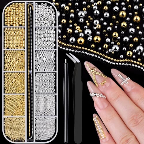 GZMAYUEN 1 Boîte Doré et Argenté Perles pour Nail Art Strass Ongle, Mini Nail Caviar Beads pour Ongles