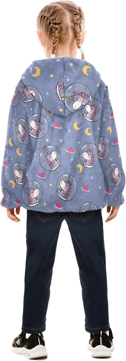 Girls Hoodie Outfit Cartoon Unicorn Pattern Zipper Sweatshirt Coat Fleece Jacket for Kids 3-10T