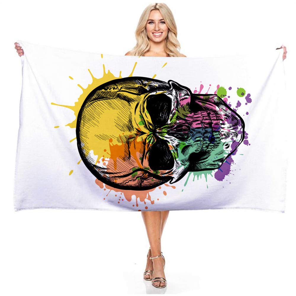 Treer C Microfiber Beach Towel Large Oversized, Olorful Skull 3D Printing Lightweight Soft Absorbable Travel Towels Sports Bath Washcloth For Bedroom Swim Pool Yoga Travelling (70X150cm,)