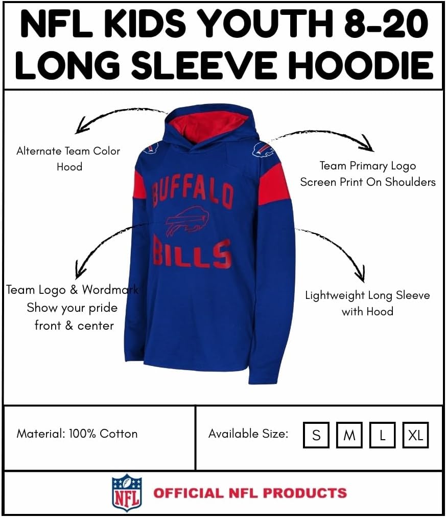 Outerstuff NFL Kids Youth 8-20 Official Licensed Team Color Primary Logo The Champ Lightweight Long Sleeve Football Hoodie