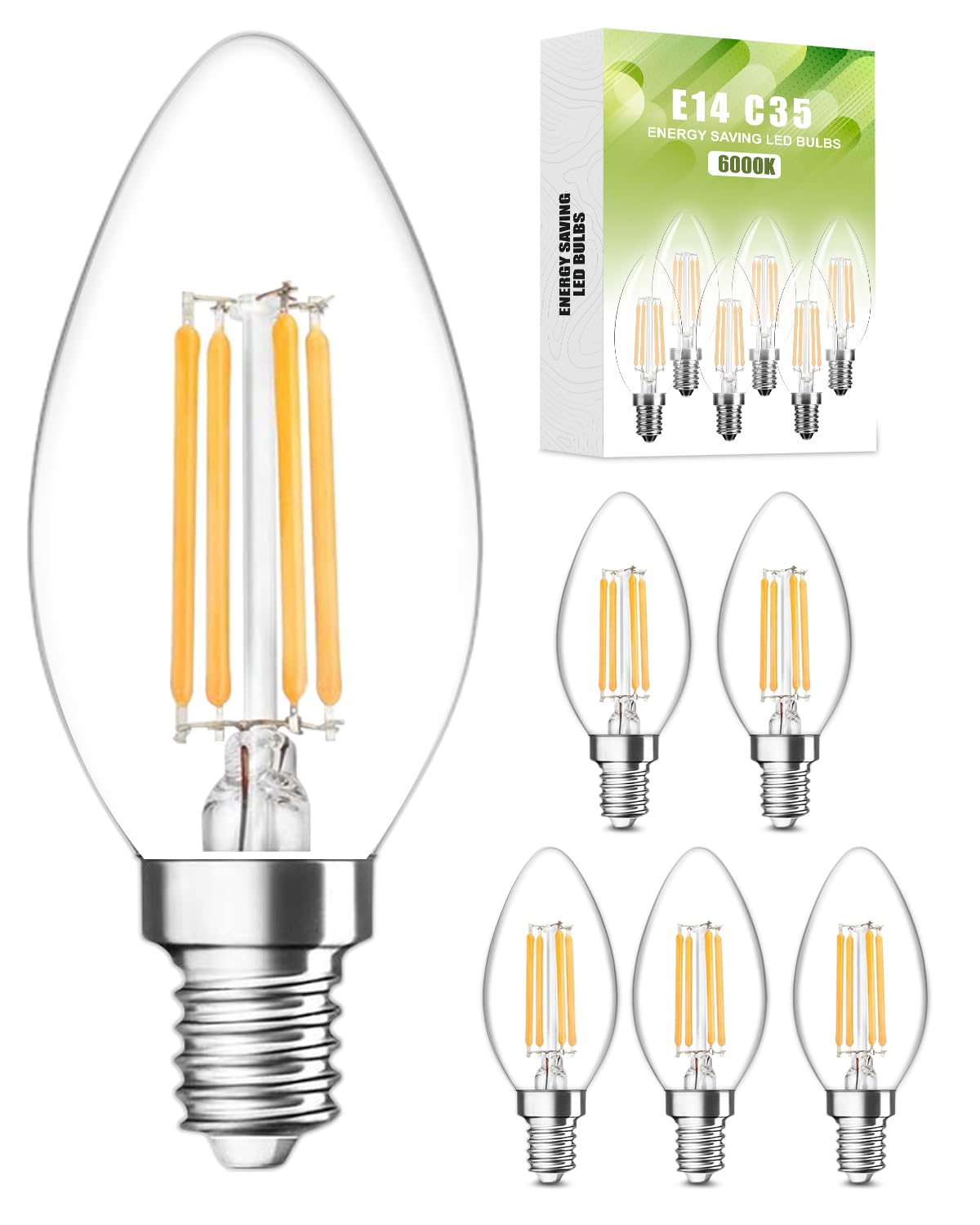 E14 LED Light Bulbs Cool White 2700K, 4W E14 LED Light Bulb, Non Dimmable SES Small Edison Screw Light Bulb, 40W Equivalent SES Bulb, Energy Efficient 400 Lumens Candle Bulb, Pack of 6