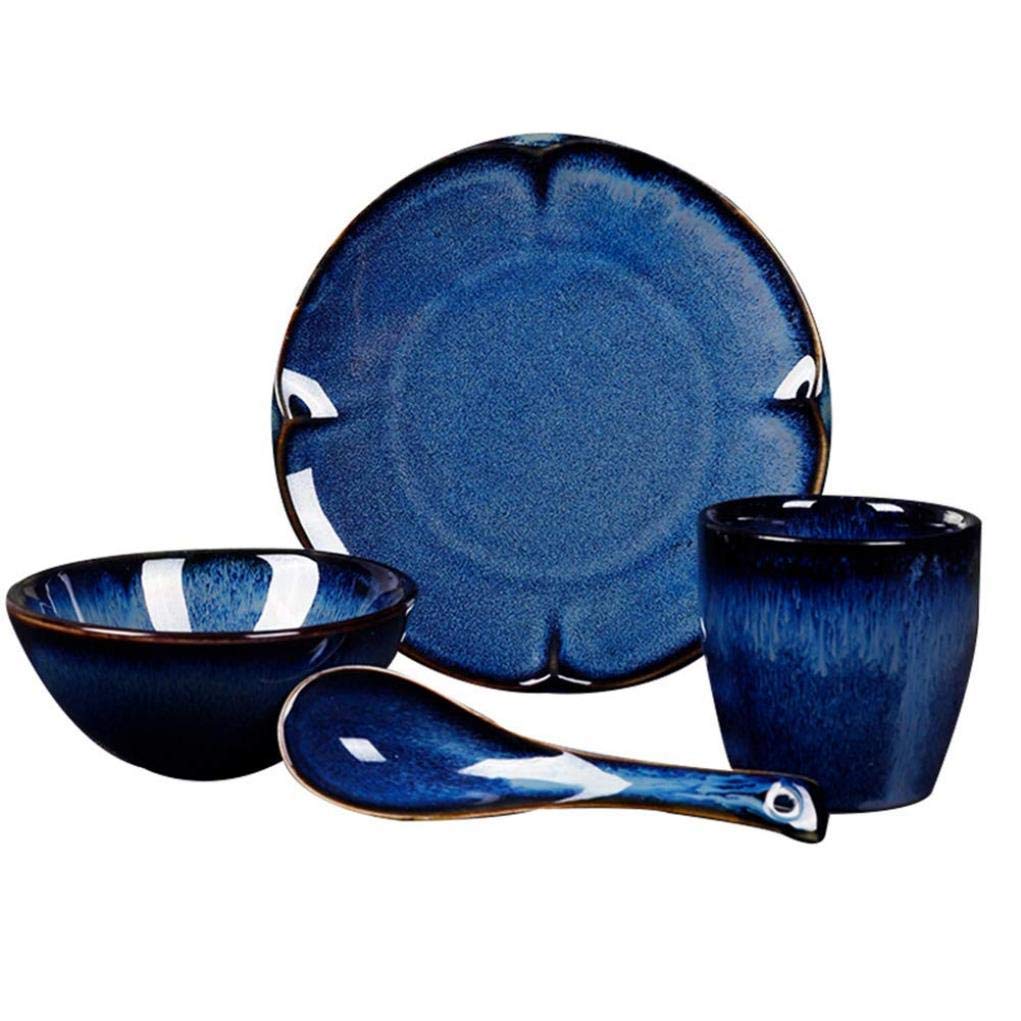 Ceramiczna zastawa stołowa, 16 sztuk Retro niebieska porcelanowa zastawa stołowa zestaw miska ceramiczna płyta łyżka i kubek serwis dla 4 osób szykowny wystrój