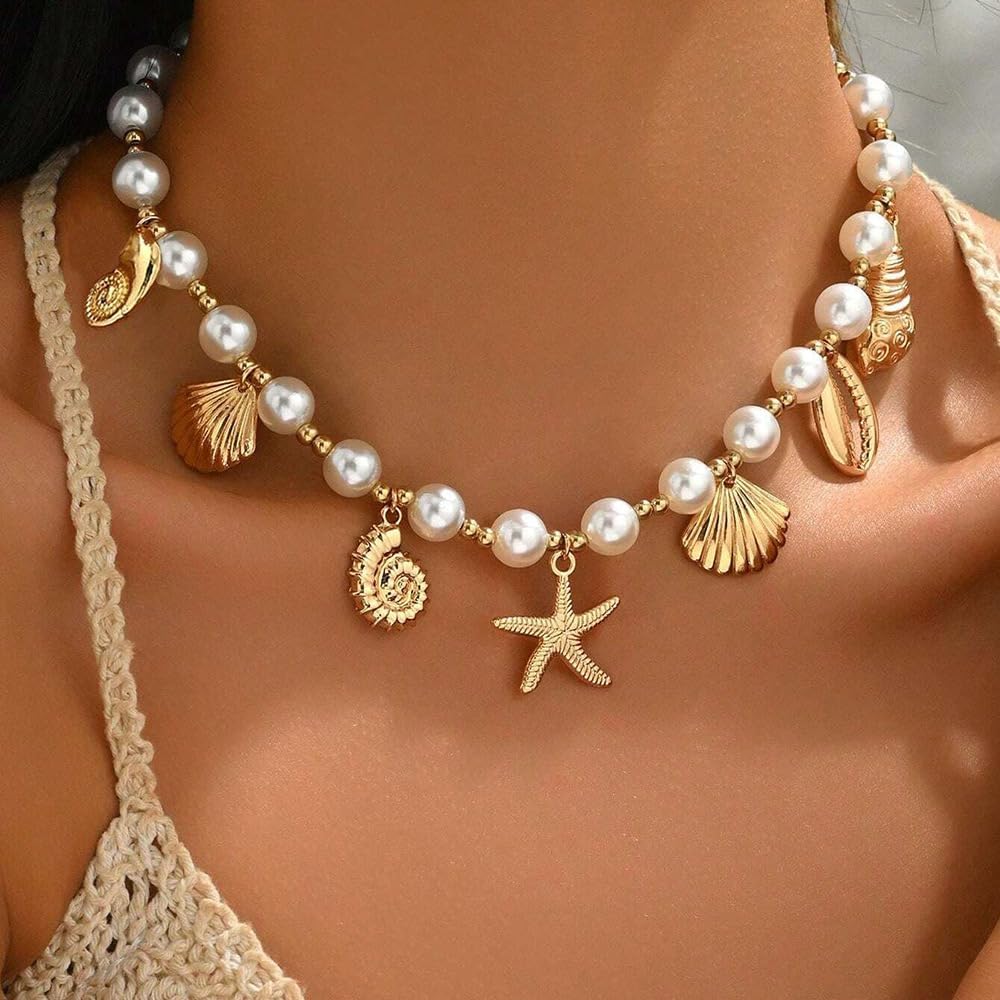 Seashell Necklace Beach Jewelry for Women Starfish Fish Necklace Boho Pearl Choker Sea Shell Necklaces for Women Beach Necklaces Summer Vacation Jewelry - Image 4
