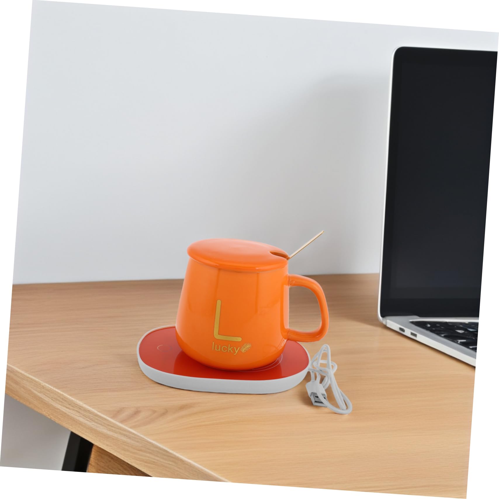 Scalda Tazza Elettrico in Ceramica Arancia con Funzione Antiscivolo e Antiscaldamento, per Ufficio e Feste di Natale con Coperchio e Cucchiaio