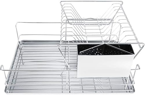 Escurridor de platos, escurridor de platos de 2 niveles con escurridor, escurridor de platos de acero inoxidable con soporte para cubiertos para