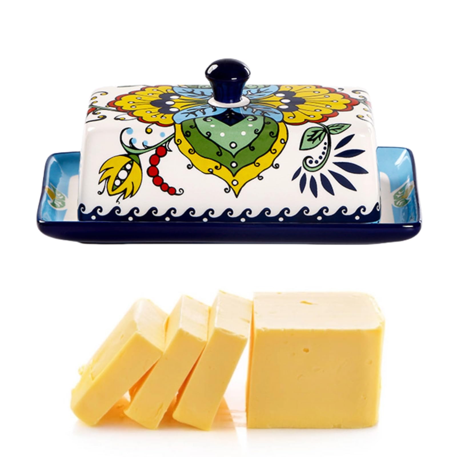 Ceramic Butter Dish With Lid - Hand-Painted Floral Design, Vintage Style Butter Keeper & Cheese Plate