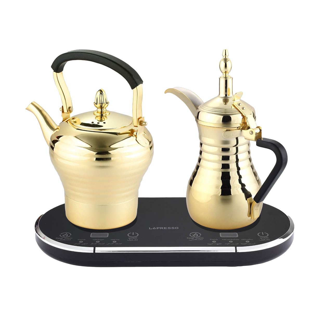 LePresso Arabic Coffee Maker and Tea Maker, 800ml+750ml Capacity, Stainless Steel, Dual Brew & Keep Warm System, 1600W Power, Over heat Protect, Kettle for Making Coffee and Tea for Home/Office Gold