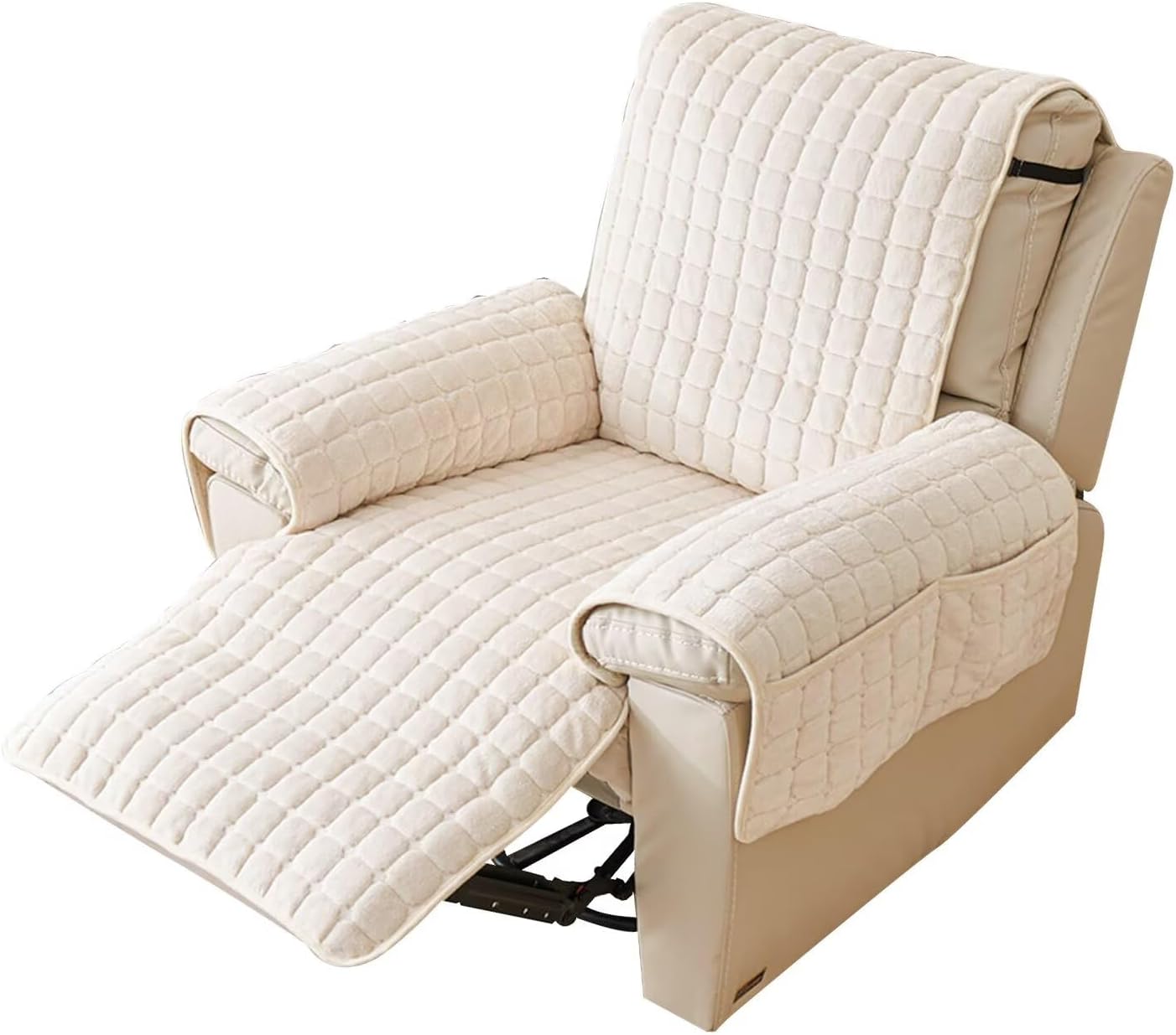 Plush Recliner Slipcover 23 Inches Washable Chair Covers Artificial Wool Lazy Boy Cover Quilted Cover for Recliner Chairs and Furniture,Large Taupe Chair Protector with Side Pocket for Kids/Pets Beige 23"
