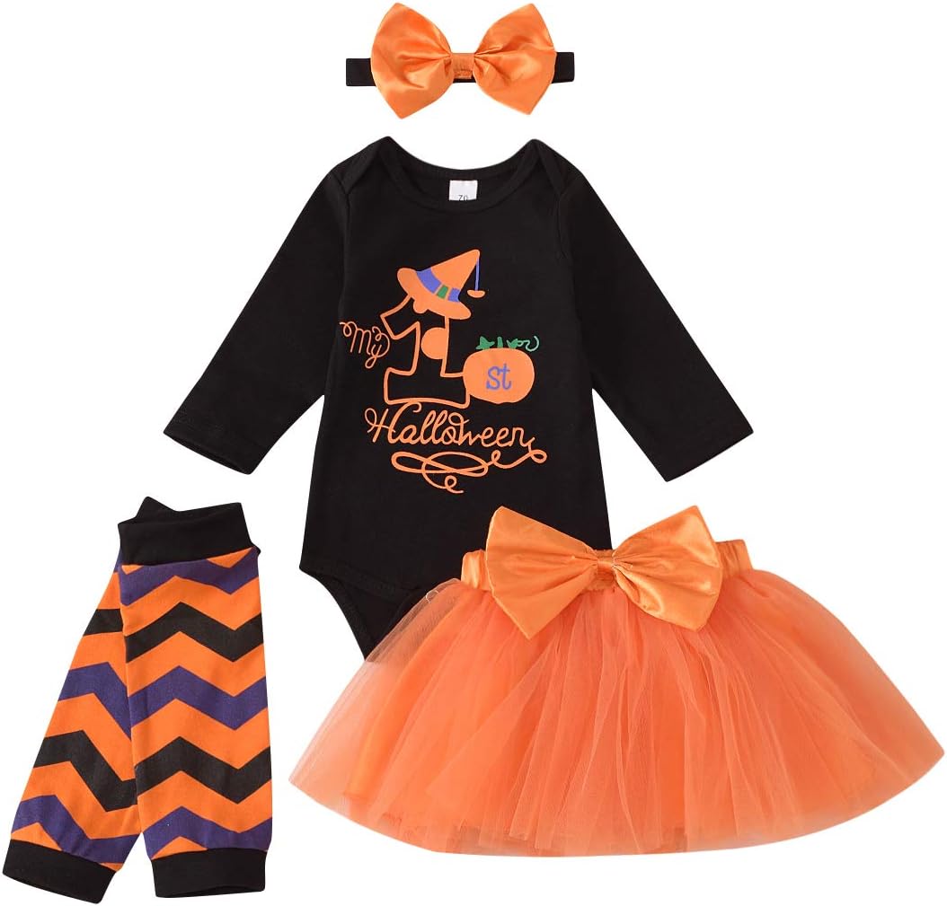 Baby Girls Halloween Outfits Costumes Pumpkin Romper Bodysuit & Tutu Tulle Skirt Sets Cute Clothes