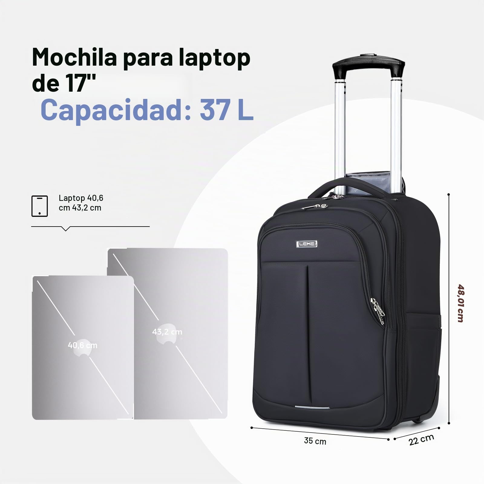Mochila con Ruedas para Adultos - Mochila Portatil con Ruedas 17 Pulgadas, Mochila Viaje Cabina Impermeable para Hombre y Mujer, Ideal para Trabajo, Viajes y Uso Diario (Negro)