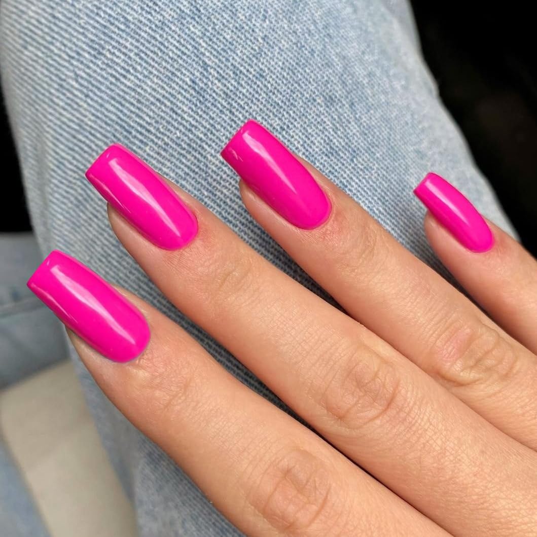 KQueenest Hot Pink Press on Nails Long Square, Neon Pink False Nails Long Medium Coffin - Image 3