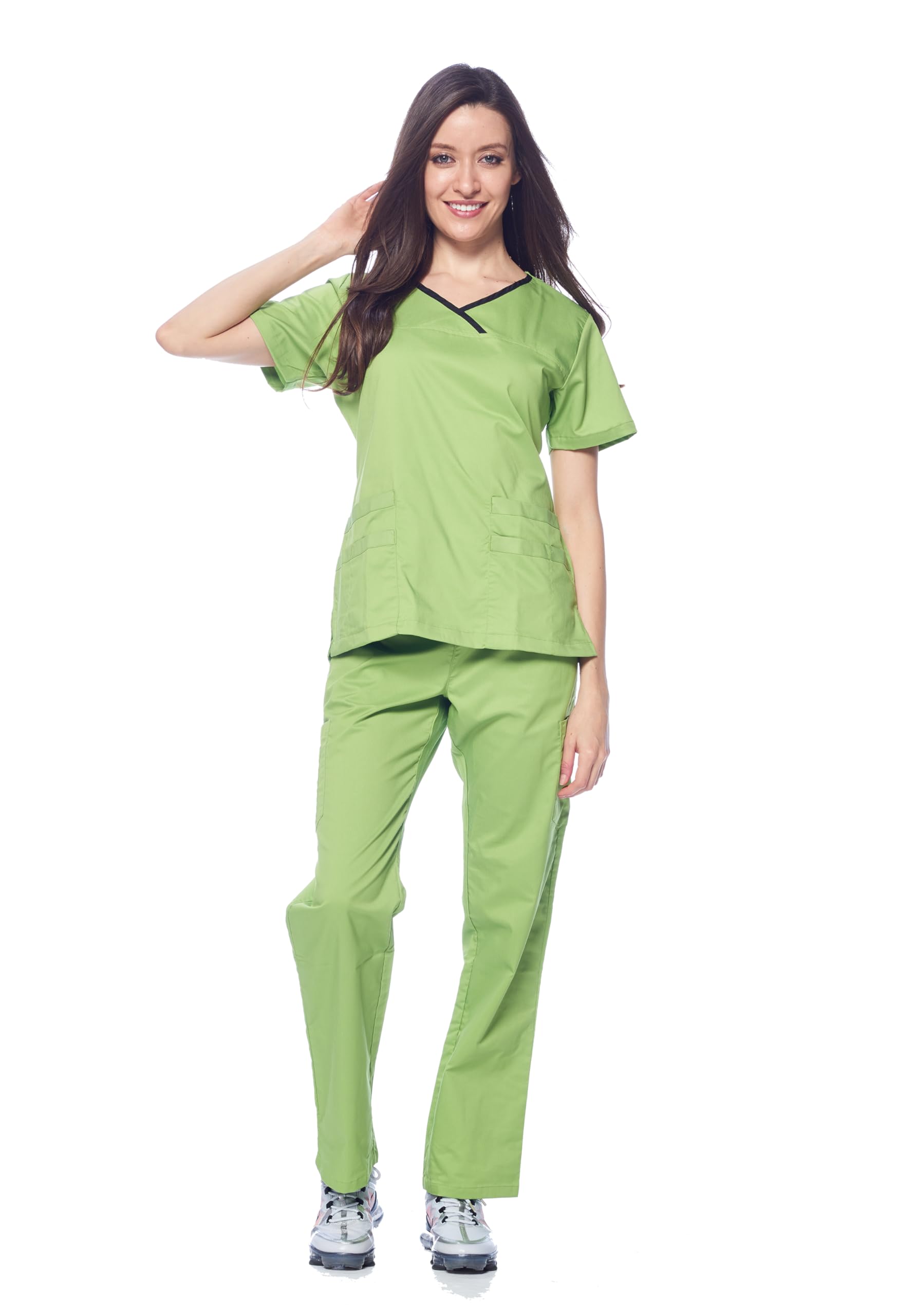 Dagacci Medical Uniform Women's Apple Green Nurses Uniform Scrubs Set Stretch Ultra Soft Contrast Pocket, Xxs