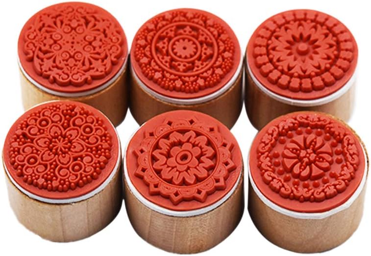 Potelin DIY Round lace Rubber Stamp Lace Design Wooden Wedding Stamps Collection Gorgeous Design 6 Pieces