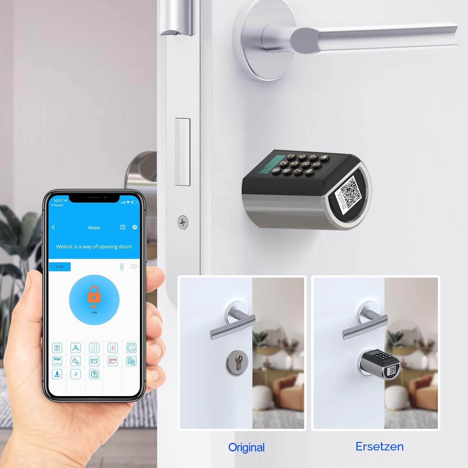 WELOCK PCB41 Elektronisches Türschloss Haustür, Code Smartes Türschloss | IP65 Wasserdichtes Elektronisches Türschloss mit RFID-Karte und APP, Geeignet für Türen von 50-100mm Dicke