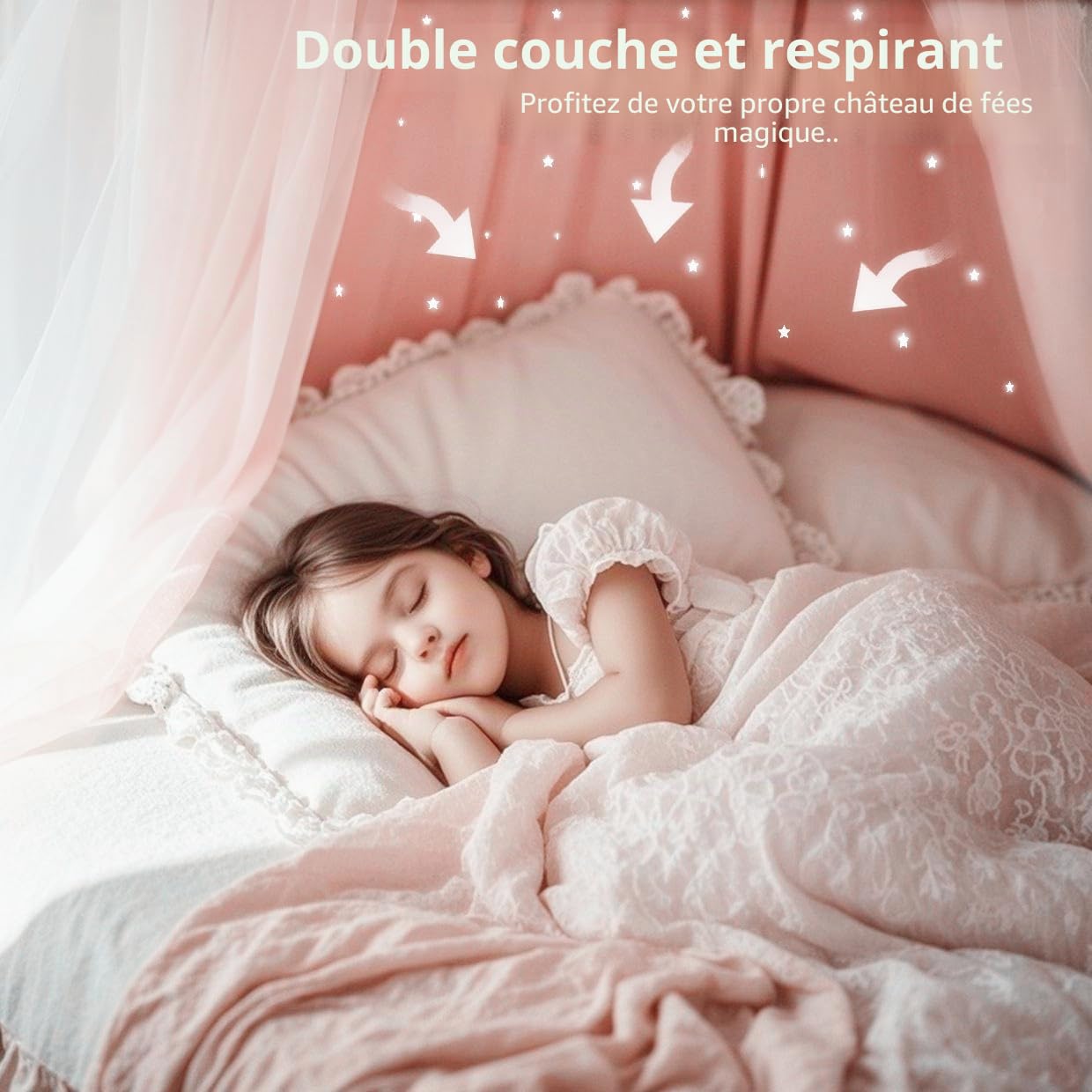 Baldaquin de lit princesse pour fille, double couche avec étoiles découpées, tissu respirant et lavable, convient pour lit double, tente féérique pour décoration de chambre