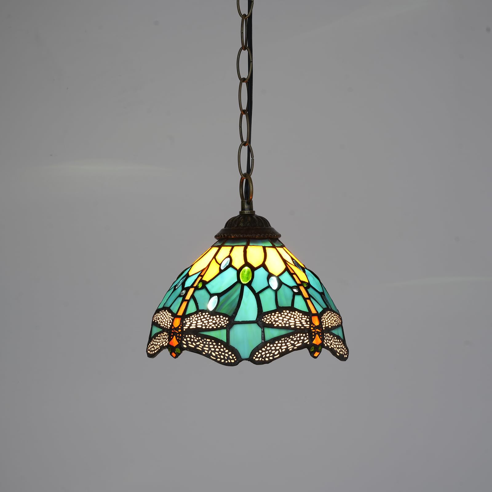 Lámpara Colgante Tiffany con Pantalla de 8 Pulgadas Estilo Libélula Verde Lámpara Colgante Artesanal de Vidriera Ajustable en Altura para Cocina Isla Comedor Pasillo