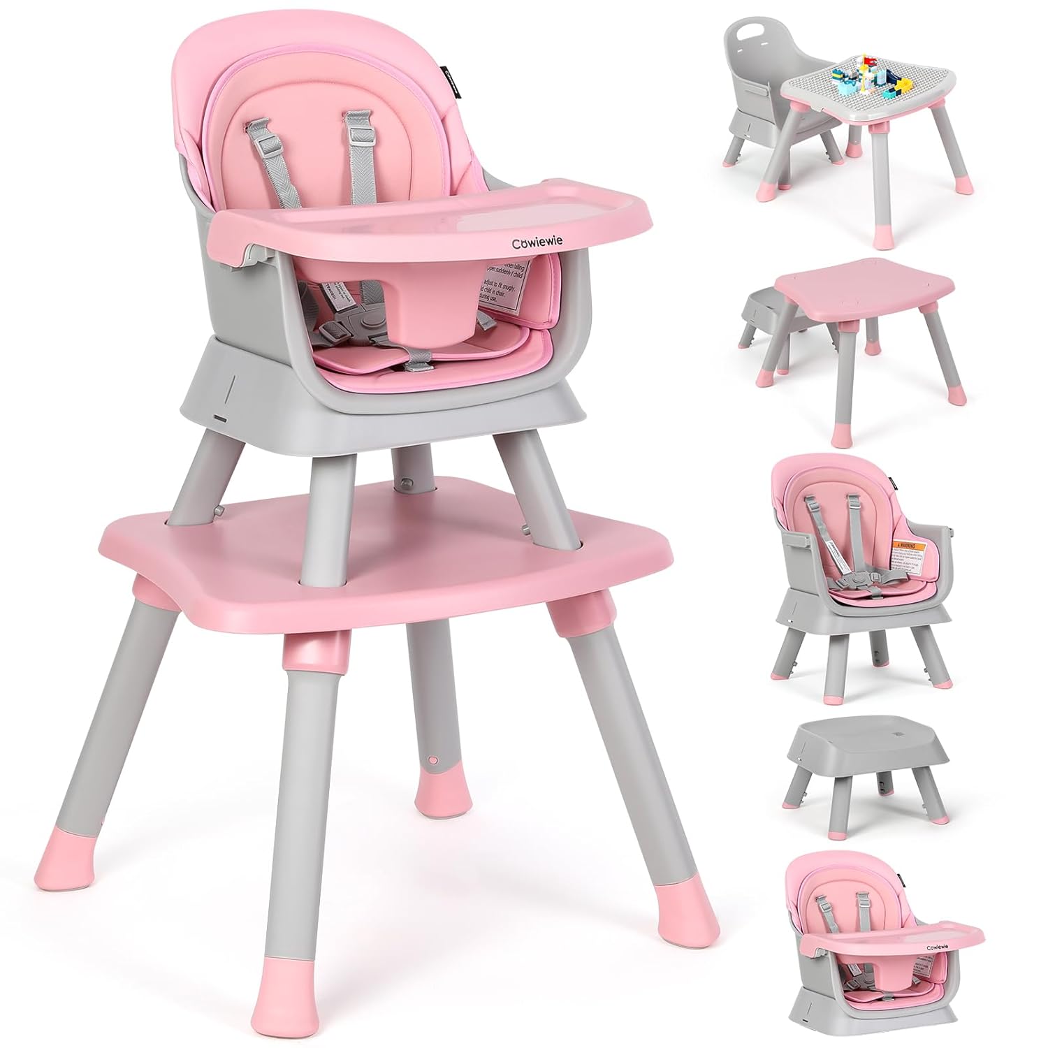 Cowiewie 8 in 1 Baby High Chair for Babies & Toddlers Table and Chair Set Building Block Table Highchair with Safety Harness,Removable Tray(Pink)