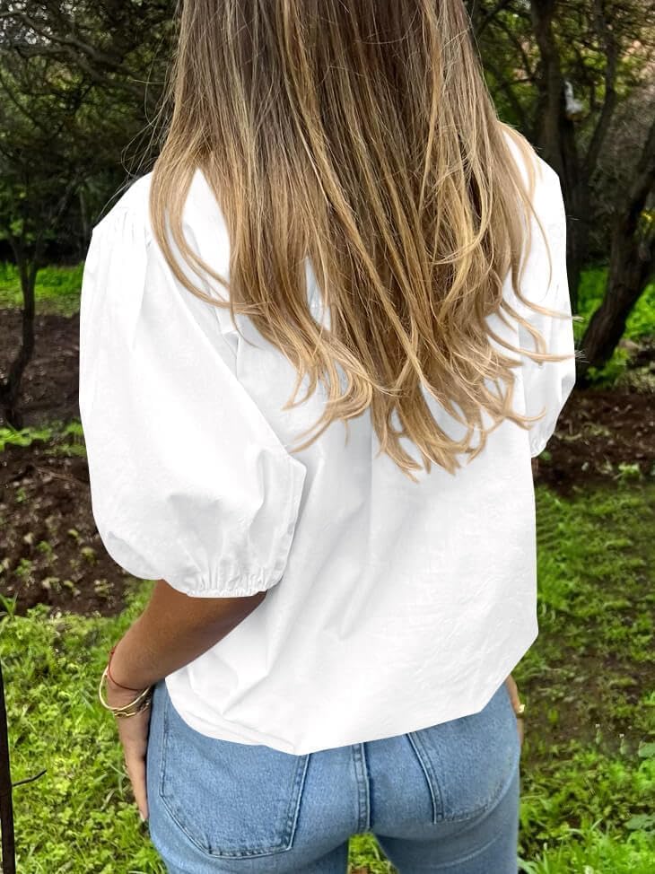 LAYOGAS Womens Short Puff Sleeve Tops V Neck Collared Button Down Shirt Dressy Casual Blouse T Shirt - Image 5