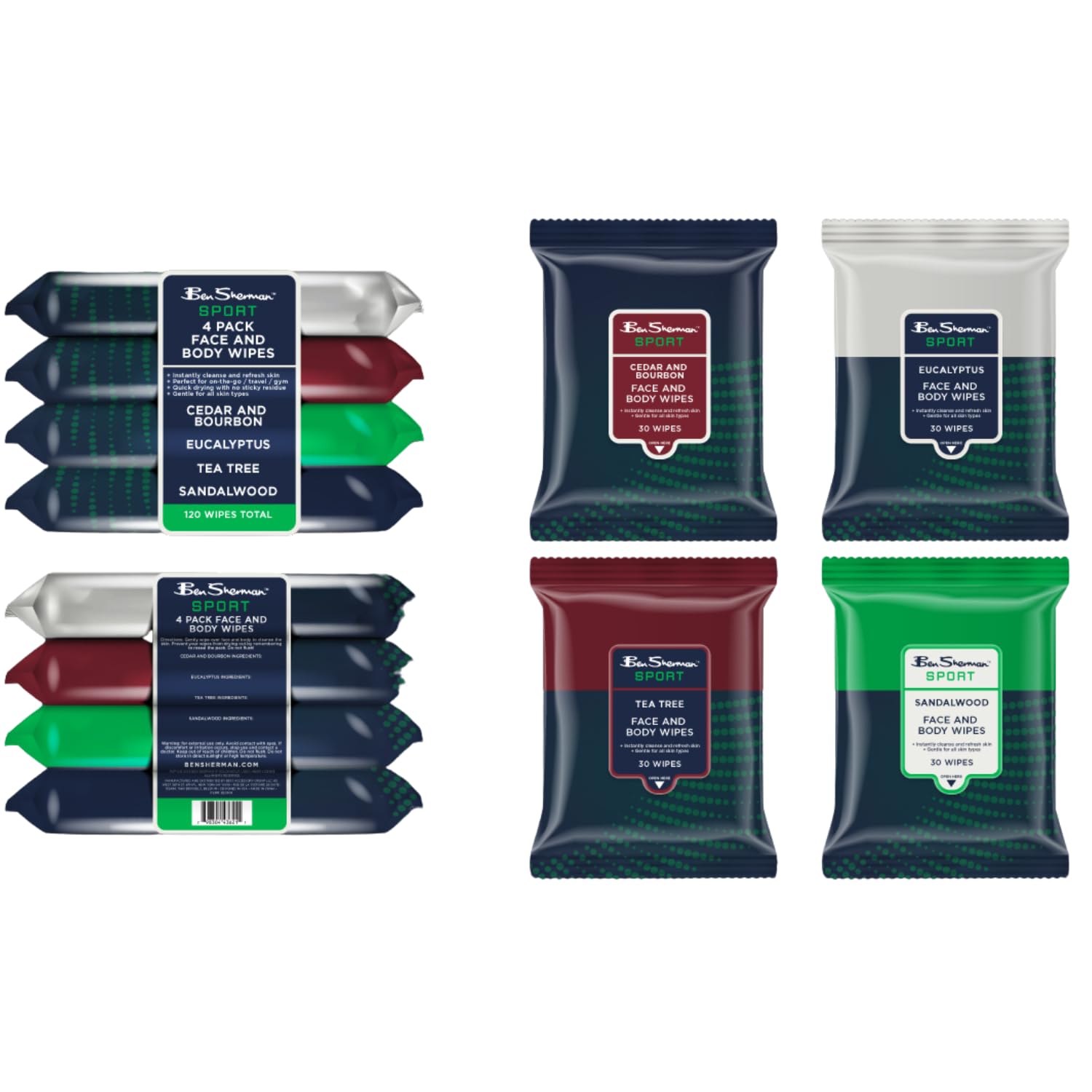 Ben Sherman Men's Face Wipes - Cleansing Wipes with Cedar & Eucalyptus