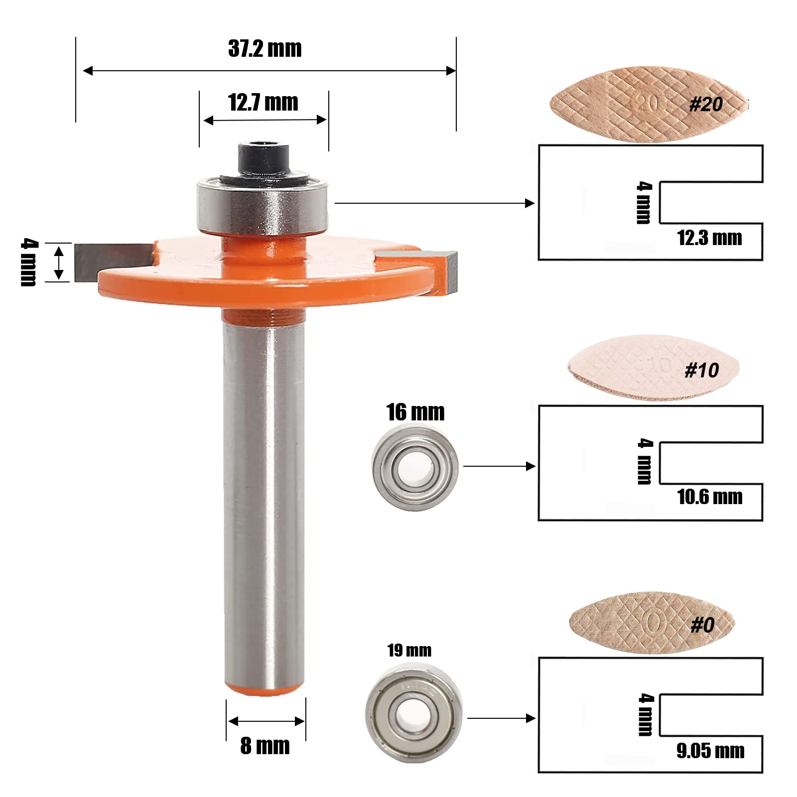 Fresa piegata da 8 mm, fresa a disco con 2 cuscinetti intercambiabili, fessure articolari, strumento di ancoraggio per biscotti in legno