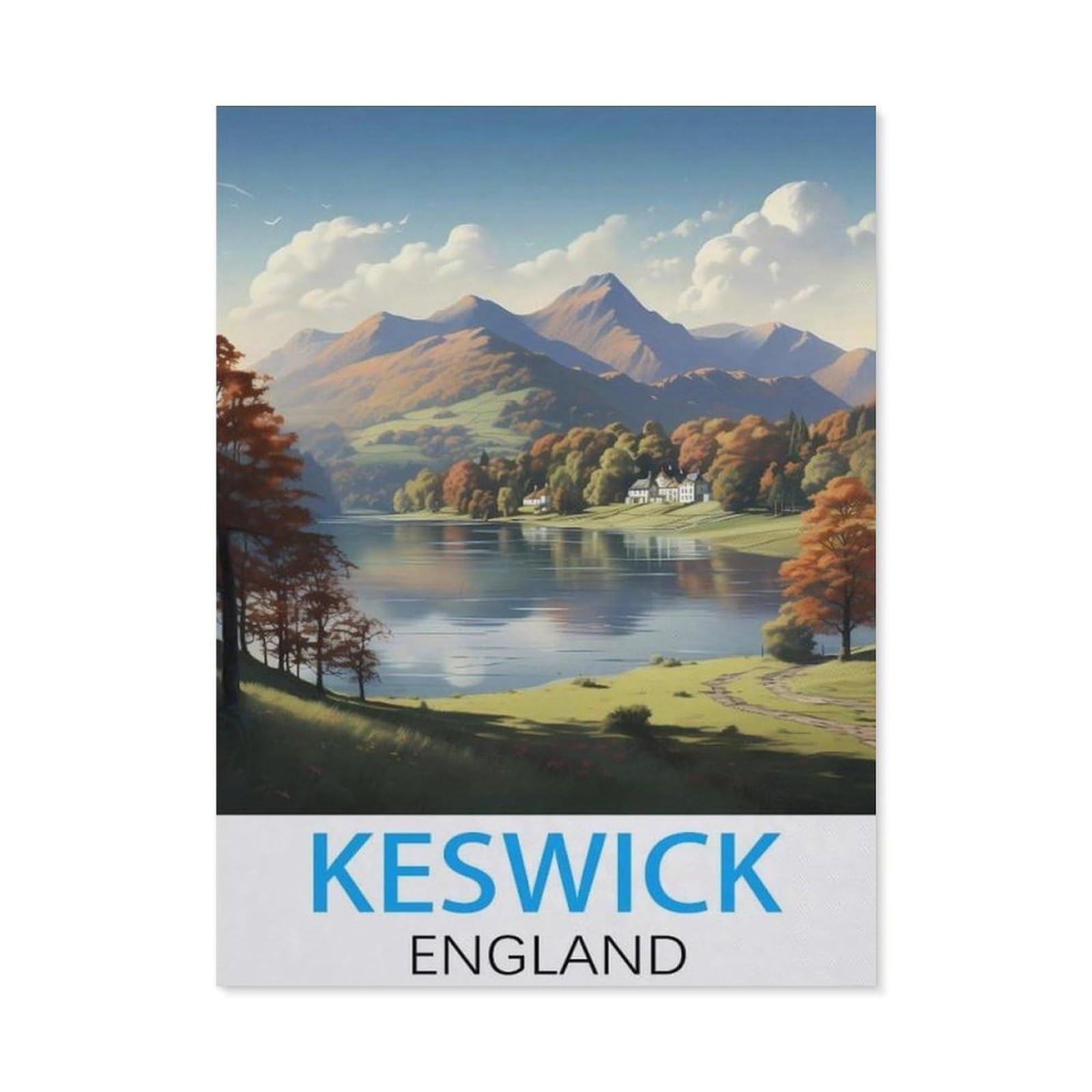 GSBRSNTS Paint by Numbers for Adults Kids Beginner，Keswick England Vintage Travel Poster，DIY Acrylic Painting by Numbers Kits with Brushes Acrylic Pigment Home Decoration Brithday Gifts(30x40cm-I32