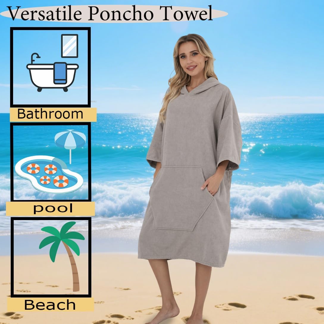 Surf Poncho Hooded Beach Towel, Quick Dry Terry Cloth, Extra Large Changing Robe with Pockets for Adults, Unisex Light Grey Cover-Up for Swim, Bath, Beach, Gift for Swimmer Lovers - Image 2