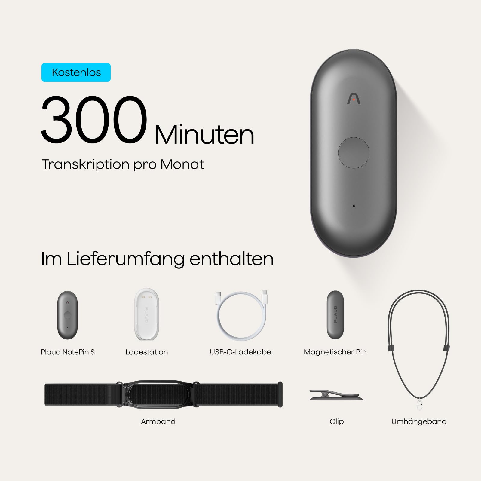 Plaud NotePin S Diktiergerät mit taktiler Aufnahmetaste Profis & Teams KI Voice Recorder KI-Notizgerät KI-Schreibfunktion & Zusammenfassung Aufnahmegerät für Meetings 4 Zubehörteile (Grau)