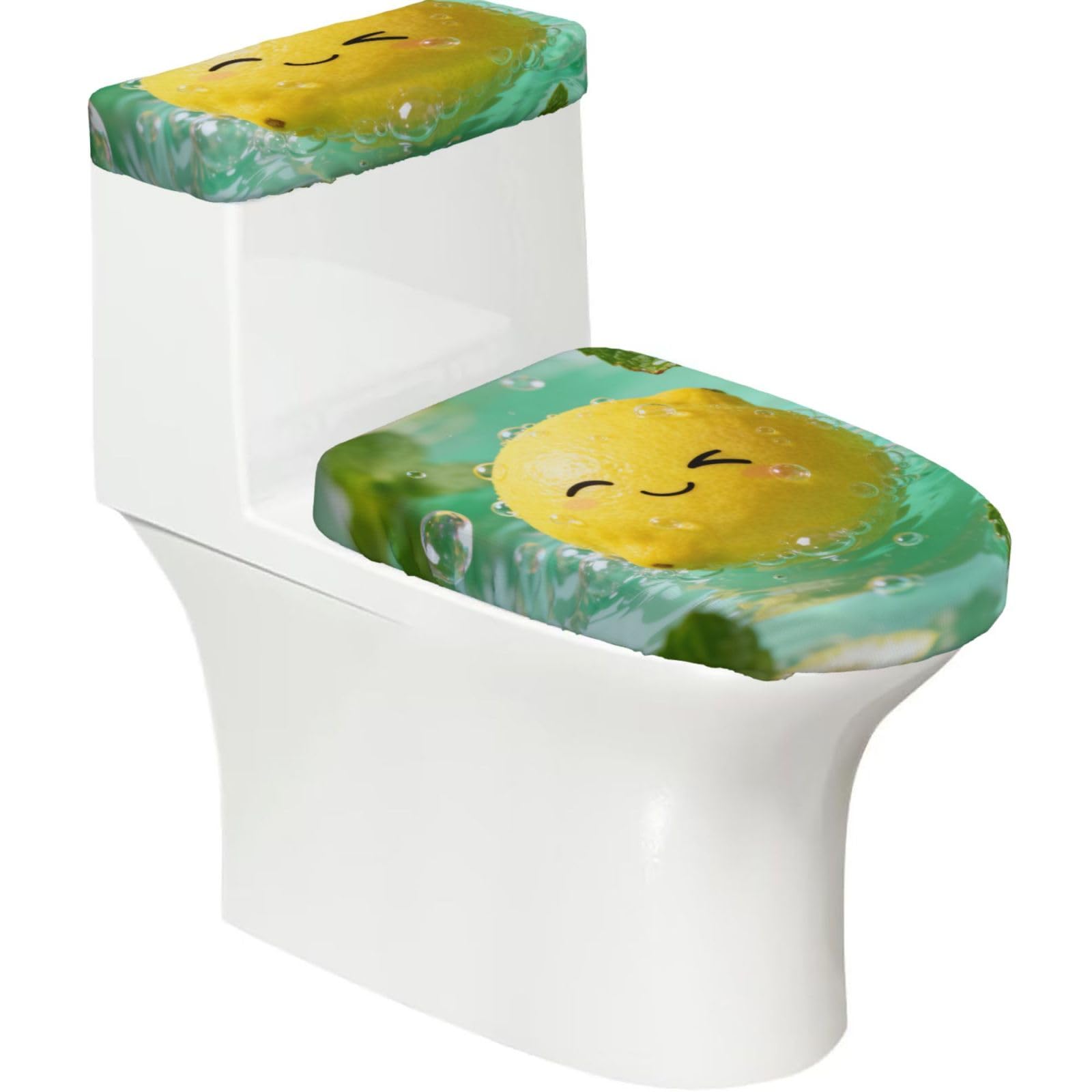 Cntdbu Black Smiling Lemon Stretchy Toilet Lid And Tank Cover Set-Soft Elastic Bathroom Decor For U Shape Oval