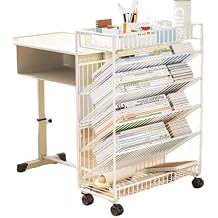 Bookcase, Document Shelf, Magazine Rack, File Wagon, Bookshelf with Casters, Under Desk, Large Capacity, Movable, Stairway Type, With Casters White, 5 Floors