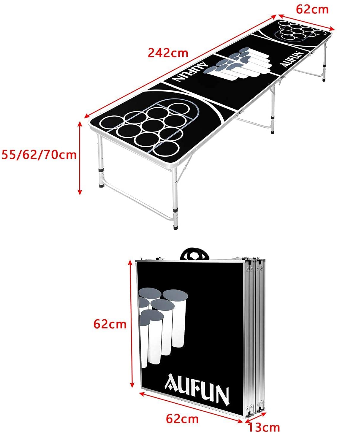 NW Beer Pong składany stół wraz z 100 kubkami (50 czerwonych i 50 niebieskich), 5 piłek, stół do ponga piwnego z regulacją wysokości, do gier imprezowych, gier do picia