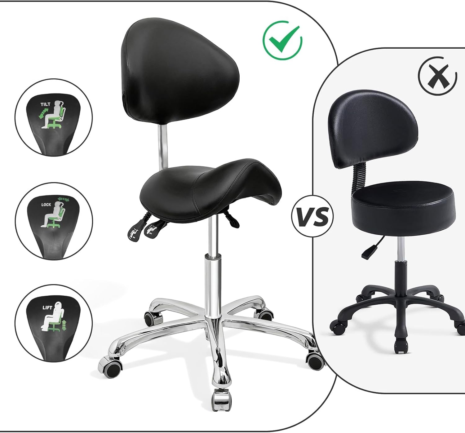Saddle Stool Chair with Back Support,3-Way Function Rolling Esthetician Stools with Wheels,for Salon Spa Clinic Dentist Tattoo Massage Lab,Ergonomic Backrest &Adjustable Height & Angle