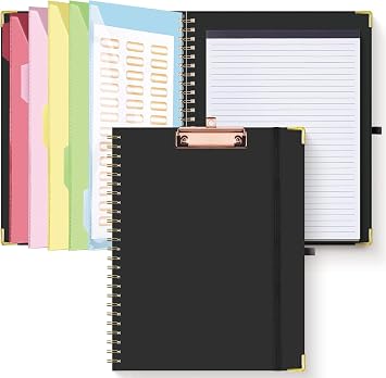 HAUTOCO Clipboard Folio with Refillable Lined Notepad for Letter Size 11" x 8.5", 5 Dividers with 10 Pockets, Elastic Pen Holder and File Folder Labels, Spiral Nurse Clipboard ArtboardBlack
