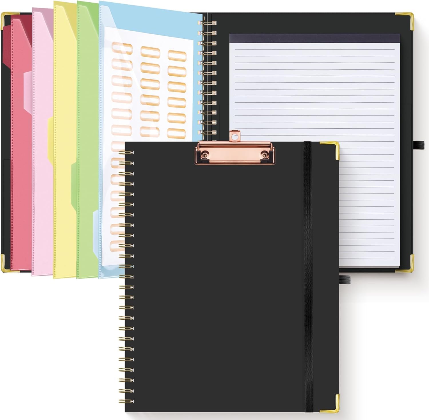 HAUTOCO Clipboard Folio with Refillable Lined Notepad for Letter Size (11" x 8.5"), 5 Dividers with 10 Pockets, Elastic Pen Holder and File Folder
