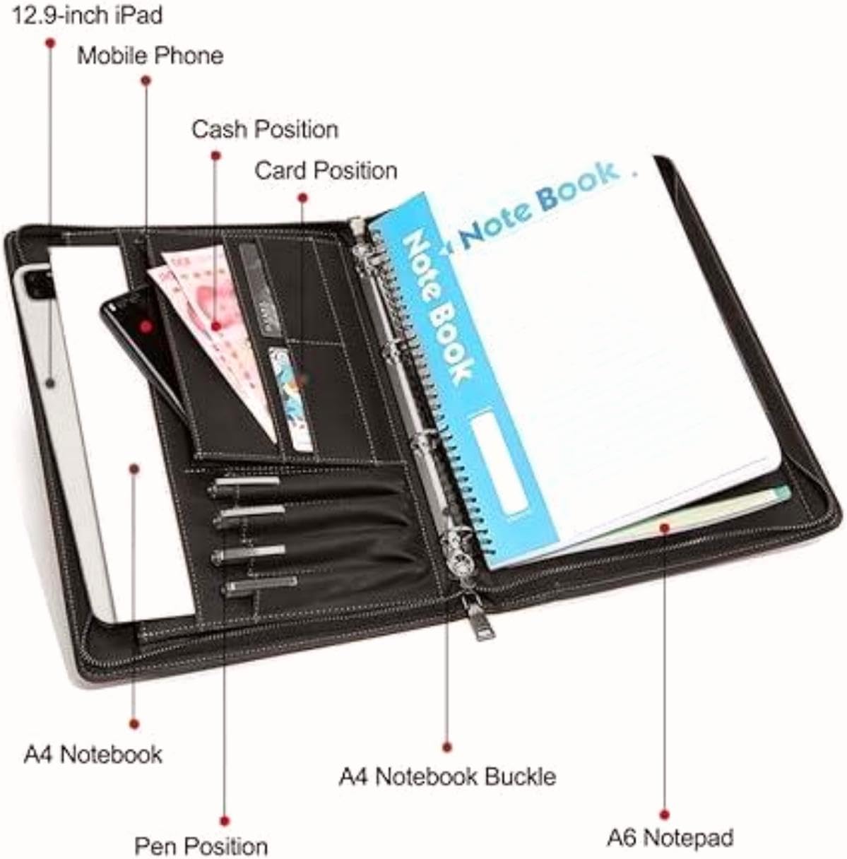 Zapinany na zamek organizer do notatek, skórzany segregator do planowania, 33 cm teczka na dokumenty, rozmiar listu, wizytówka, tablet, etui na dokumenty dla mężczyzn i kobiet