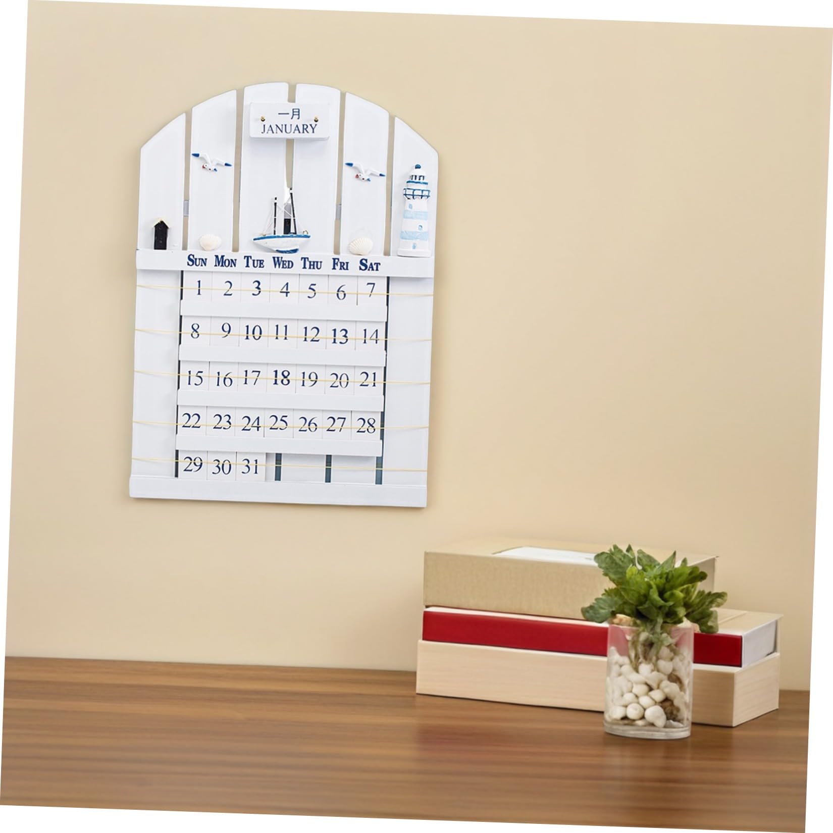 PACKOVE Ewiger Kalender Kreativer Starker und Einfach zu Ändernder Wandkalender aus Mdf Holz im Mediterranen Stil in Weiß für Büro und Studium
